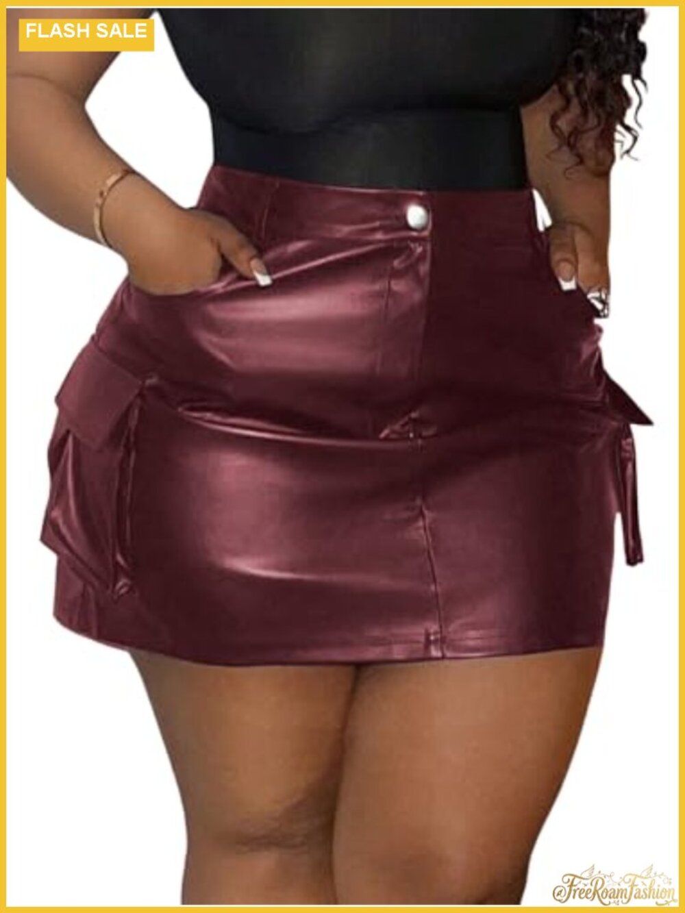 Plus Size PU Leather Mini Cargo Skirt High Waist Flap Pocket